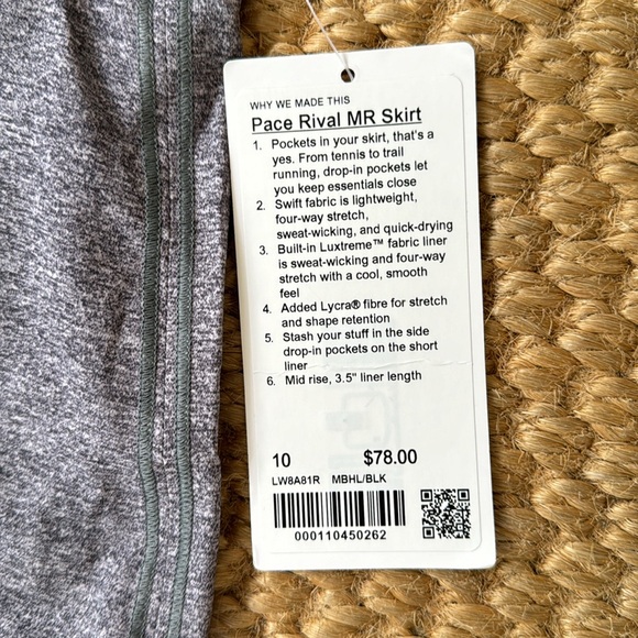 NWT lululemon Pace Rival MR Skirt gray and black - size 10 - Picture 2 of 6